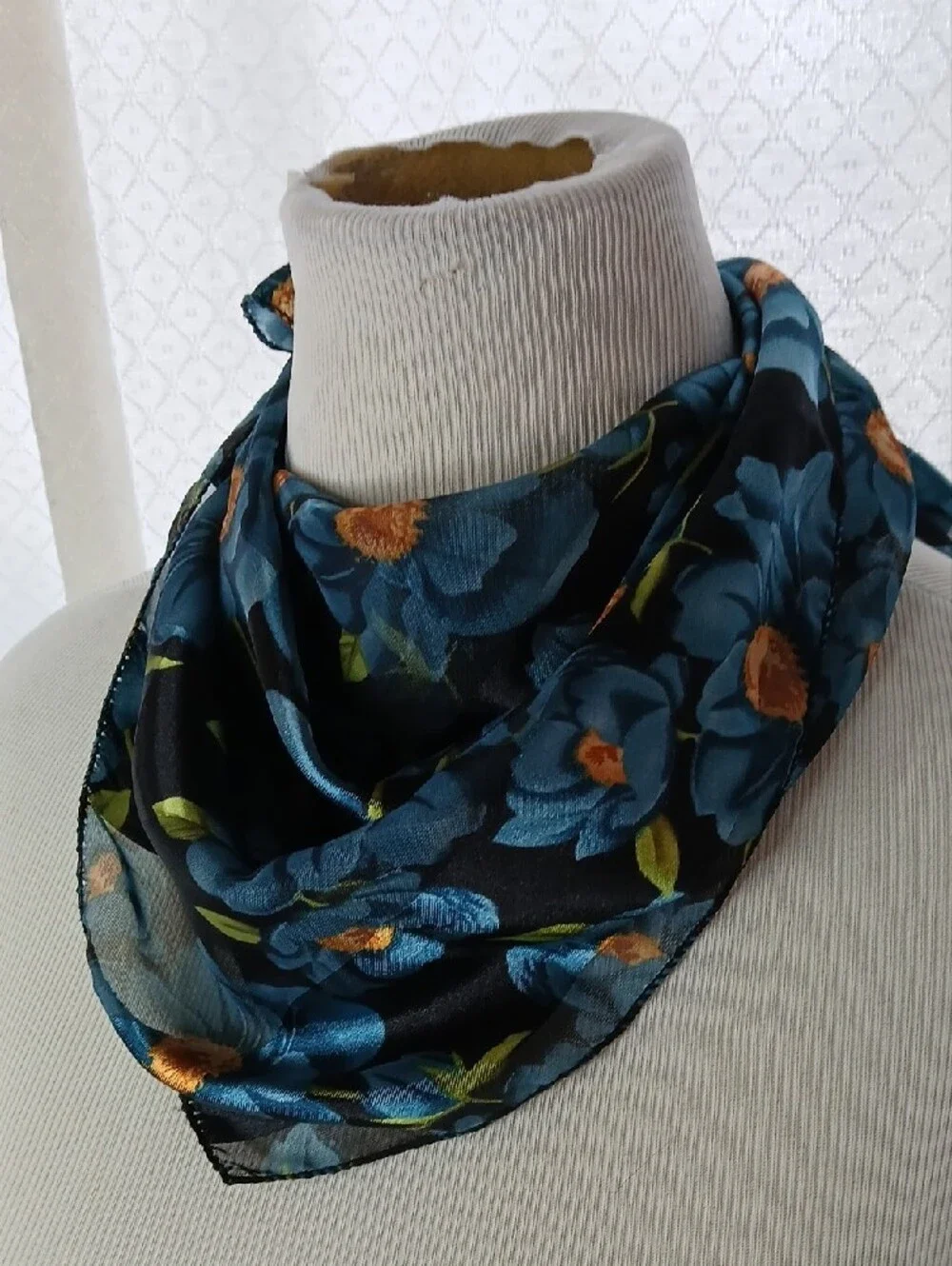 Blue Floral Satin Neck Scarf for Women